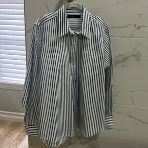 Navy striped button down blouse